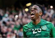 26 March 2022; Chiedozie Ogbene of Republic of Ireland celebrates after scoring his side's first goal during the international friendly match between Republic of Ireland and Belgium at the Aviva Stadium in Dublin. Photo by Stephen McCarthy/Sportsfile