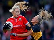 29 January 2022; Ailish Morrissey of Kilkerrin-Clonberne in action against Maire O'Callaghan of Mourneabbey during the 2021 currentaccount.ie All-Ireland Ladies Senior Club Football Championship Final match between Mourneabbey and Kilkerrin-Clonberne at St Brendan's Park in Birr, Offaly. Photo by Piaras Ó Mídheach/Sportsfile
