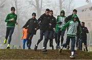 10 December 2022; Ireland athletes from left, Nicholas Griggs, Dean Casey, Keelan Kilrehill, Sean McGinley, Callum Morgan, Jamie Battle and Darragh McElhinney during the official training session ahead of the SPAR European Cross Country Championships at Piemonte-La Mandria Park in Turin, Italy. Photo by Sam Barnes/Sportsfile