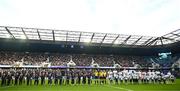 10 December 2022; Players and officials during a moments applause in memory of former Scotland and British & Irish Lions rugby international Doddie Weir before the Heineken Champions Cup Pool A Round 1 match between Racing 92 and Leinster at Stade Océane in Le Havre, France. Photo by Harry Murphy/Sportsfile