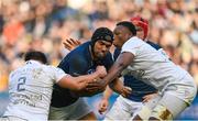 10 December 2022; Charlie Ngatai of Leinster is tackled by Camille Chat and Cameron Woki of Racing 92 during the Heineken Champions Cup Pool A Round 1 match between Racing 92 and Leinster at Stade Océane in Le Havre, France. Photo by Harry Murphy/Sportsfile