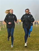 10 December 2022; Ireland athletes Georgie Hartigan, left, and Nadia Power during the official training session ahead of the SPAR European Cross Country Championships at Piemonte-La Mandria Park in Turin, Italy. Photo by Sam Barnes/Sportsfile