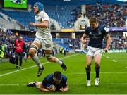 10 December 2022; Dan Sheehan of Leinster scores his side's second try as teammate Garry Ringrose celebrates during the Heineken Champions Cup Pool A Round 1 match between Racing 92 and Leinster at Stade Océane in Le Havre, France. Photo by Harry Murphy/Sportsfile