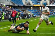 10 December 2022; Dan Sheehan of Leinster dives over to score his side's second during the Heineken Champions Cup Pool A Round 1 match between Racing 92 and Leinster at Stade Océane in Le Havre, France. Photo by Harry Murphy/Sportsfile