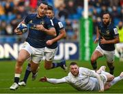 10 December 2022; James Lowe of Leinster evades the tackle of Finn Russell of Racing 92 during the Heineken Champions Cup Pool A Round 1 match between Racing 92 and Leinster at Stade Océane in Le Havre, France. Photo by Harry Murphy/Sportsfile