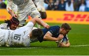 10 December 2022; Garry Ringrose of Leinster scores his side's third try despite the tackle of Janick Tarrit of Racing 92 during the Heineken Champions Cup Pool A Round 1 match between Racing 92 and Leinster at Stade Océane in Le Havre, France. Photo by Harry Murphy/Sportsfile