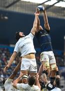 10 December 2022; Caelan Doris of Leinster wins possession in the lineout against Baptiste Chouzenoux of Racing 92 during the Heineken Champions Cup Pool A Round 1 match between Racing 92 and Leinster at Stade Océane in Le Havre, France. Photo by Harry Murphy/Sportsfile