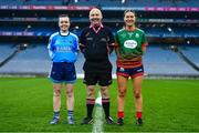 10 December 2022; Referee Gus Chapman with Longford Slashers captain Aisling Cosgrove, left, and Mullinahone captain Jennifer Brett before the 2022 currentaccount.ie LGFA All-Ireland Intermediate Club Football Championship Final match between Longford Slashers of Longford and Mullinahone of Tipperary at Croke Park in Dublin. Photo by Ben McShane/Sportsfile