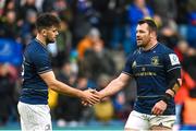 10 December 2022; Harry Byrne and Cian Healy of Leinster after their side's victory in the Heineken Champions Cup Pool A Round 1 match between Racing 92 and Leinster at Stade Océane in Le Havre, France. Photo by Harry Murphy/Sportsfile