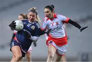 10 December 2022; Lynsey Noone of Kilkerrin-Clonberne in action against Fiona Courtney of Donaghmoyne during the 2022 currentaccount.ie LGFA All-Ireland Senior Club Football Championship Final match between Donaghmoyne of Monaghan, and Kilkerrin-Clonberne of Galway at Croke Park in Dublin. Photo by Ben McShane/Sportsfile