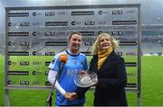 10 December 2022; Grace Shannon of Longford Slashers receives the Player of the Match award from Dorothy Gallagher, Business Development & Relationship Manager at Payac Services, on behalf of competition sponsors, currentaccount.ie, following the 2022 currentaccount.ie All-Ireland Ladies Intermediate Club Football Championship Final between Longford Slashers and Mullinahone at Croke Park in Dublin. Photo by Tyler Miller/Sportsfile