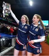 10 December 2022; Louise Ward, left, and Sarah Gormally of Kilkerrin-Clonberne celebrate with the cup after the 2022 currentaccount.ie LGFA All-Ireland Senior Club Football Championship Final match between Donaghmoyne of Monaghan, and Kilkerrin-Clonberne of Galway at Croke Park in Dublin. Photo by Ben McShane/Sportsfile