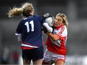 10 December 2022; Eimear Traynor of Donaghmoyne is tackled by Louise Ward of Kilkerrin-Clonberne during the 2022 currentaccount.ie LGFA All-Ireland Senior Club Football Championship Final match between Donaghmoyne of Monaghan, and Kilkerrin-Clonberne of Galway at Croke Park in Dublin. Photo by Tyler Miller/Sportsfile