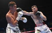 10 December 2022; Kieran Molloy, right, and Alexander Zeledon during their super-welterweight bout at the SSE Arena in Belfast. Photo by Ramsey Cardy/Sportsfile