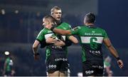 10 December 2022; Diarmuid Kilgallen of Connacht, left, celebrates with teammates Niall Murray, centre, and Jarrad Butler, right, after scoring their side's third try during the EPCR Challenge Cup Pool A Round 1 match between Connacht and Newcastle Falcons at The Sportsground in Galway. Photo by Seb Daly/Sportsfile
