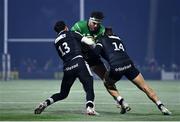 10 December 2022; Tom Daly of Connacht is tackled by Matias Moroni, left, and Adam Radwan of Newcastle Falcons during the EPCR Challenge Cup Pool A Round 1 match between Connacht and Newcastle Falcons at The Sportsground in Galway. Photo by Seb Daly/Sportsfile