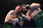 10 December 2022; Graham McCormack, left, and Fearghus Quinn during their BUI Celtic Middleweight title bout at the SSE Arena in Belfast. Photo by Ramsey Cardy/Sportsfile