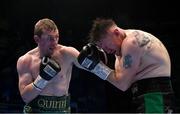 10 December 2022; Graham McCormack, right, and Fearghus Quinn during their BUI Celtic Middleweight title bout at the SSE Arena in Belfast. Photo by Ramsey Cardy/Sportsfile