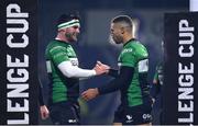 10 December 2022; Adam Byrne of Connacht, right, celebrates with teammate Tom Daly after scoring their side's second try during the EPCR Challenge Cup Pool A Round 1 match between Connacht and Newcastle Falcons at The Sportsground in Galway. Photo by Seb Daly/Sportsfile