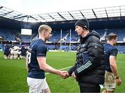 10 December 2022; Leinster head coach Leo Cullen shakes hands with Jamie Osborne of Leinster after their side's victory in the Heineken Champions Cup Pool A Round 1 match between Racing 92 and Leinster at Stade Océane in Le Havre, France. Photo by Harry Murphy/Sportsfile
