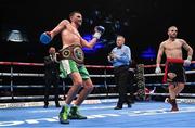 10 December 2022; Sean McComb celebrates defeating Zsolt Osadan in their WBO European Super-Lightweight title bout at the SSE Arena in Belfast. Photo by Ramsey Cardy/Sportsfile