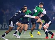10 December 2022; Tiernan O’Halloran of Connacht is tackled by Nathan Earle, left, and Matthew Dalton of Newcastle Falcons during the EPCR Challenge Cup Pool A Round 1 match between Connacht and Newcastle Falcons at The Sportsground in Galway. Photo by Seb Daly/Sportsfile