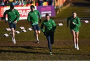 11 December 2022; Participants from left, Luke McCann, Andrew Coscoran, Nadia Power, and Georgie Hartigan of Ireland before the 4x1500m mixed relay during the SPAR European Cross Country Championships at Piemonte-La Mandria Park in Turin, Italy. Photo by Sam Barnes/Sportsfile