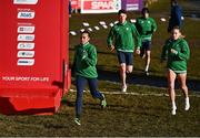 11 December 2022; Participants from left, Nadia Power, Luke McCann, Andrew Coscoran, and Georgie Hartigan of Ireland before the 4x1500m mixed relay during the SPAR European Cross Country Championships at Piemonte-La Mandria Park in Turin, Italy. Photo by Sam Barnes/Sportsfile