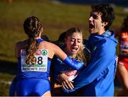 11 December 2022; The Italian relay team celebrate after finishing first in the 4x1500m mixed relay during the SPAR European Cross Country Championships at Piemonte-La Mandria Park in Turin, Italy. Photo by Sam Barnes/Sportsfile