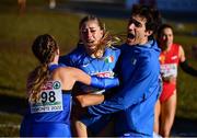 11 December 2022; The Italian relay team celebrate after finishing first in the 4x1500m mixed relay during the SPAR European Cross Country Championships at Piemonte-La Mandria Park in Turin, Italy. Photo by Sam Barnes/Sportsfile