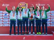 11 December 2022; The Ireland U20 men's team from left, Dean Casey, Jonas Stafford, Mark Hanrahan, Sean McGinley, Nicholas Griggs, and Callum Morgan, collect a silver medal after competing in the U20 men's 6000m during the SPAR European Cross Country Championships at Piemonte-La Mandria Park in Turin, Italy. Photo by Sam Barnes/Sportsfile