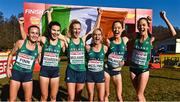 11 December 2022; Runners from left, Michelle Finn, Aoibhe Richardson, Mary Mulhare, Ann-Marie McGlynn, and Roisin Flanagan, Eilish Flanagan of Ireland, celebrate after winning bronze in the senior women's 8000m during the SPAR European Cross Country Championships at Piemonte-La Mandria Park in Turin, Italy. Photo by Sam Barnes/Sportsfile