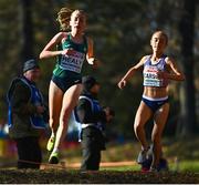 11 December 2022; Sarah Healy of Ireland, left, competing in the U23 Women's 6500m during the SPAR European Cross Country Championships at Piemonte-La Mandria Park in Turin, Italy. Photo by Sam Barnes/Sportsfile