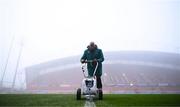 11 December 2022; Groundsman Nicky Greene paints the pitch before the Heineken Champions Cup Pool B Round 1 match between Munster and Toulouse at Thomond Park in Limerick. Photo by Harry Murphy/Sportsfile