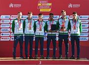 11 December 2022; The Ireland U23 men's team from left, Thomas McStay, Jamie Battle, Darragh McElhinney, Efrem Gidey, Shay McEvoy, and Keelan Kilrehill, with their bronze medals after competing in the U23 men's 8000m during the SPAR European Cross Country Championships at Piemonte-La Mandria Park in Turin, Italy. Photo by Sam Barnes/Sportsfile