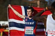 11 December 2022; Jakob Ingebrigtsen of Norway celebrates after winning the senior men's 10000m during the SPAR European Cross Country Championships at Piemonte-La Mandria Park in Turin, Italy. Photo by Sam Barnes/Sportsfile