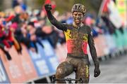 11 December 2022; Wout Van Aert of Belgium celebrates after winning the Mens Elite race during Round 9 of the UCI Cyclocross World Cup at the Sport Ireland Campus in Dublin. Photo by Ramsey Cardy/Sportsfile