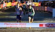 11 December 2022; Nicholas Griggs of Ireland, right, on his way to finishing second in the U20 men's 6000m, behind Will Barnicoat of Great Britain, left, during the SPAR European Cross Country Championships at Piemonte-La Mandria Park in Turin, Italy. Photo by Thomas Windestam/Sportsfile