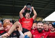 11 December 2022; Fossa captain Paudie Clifford lifts the cup after his side's victory in the AIB Munster GAA Football Junior Club Championship Final match between Fossa and Kilmurry at Mallow GAA Sports Complex in Cork. Photo by Michael P Ryan/Sportsfile