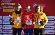 11 December 2022; Senior women's 8000m medallists, from left, Konstanze Klosterhalfen of Germany, silver, Karoline Bjerkeli Grøvdal of Norway, Gold and Alina Reh of Germany, bronze, during the SPAR European Cross Country Championships at Piemonte-La Mandria Park in Turin, Italy. Photo by Sam Barnes/Sportsfile