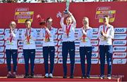 11 December 2022; The Great Britain U23 Women's team of Grace Carson, Alice Goodall, Megan Keith, Yasmin Marghini, Alexandra Millard  and Eloise Walker celebrate after winning team gold in the U23 Women's 6500m during the SPAR European Cross Country Championships at Piemonte-La Mandria Park in Turin, Italy. Photo by Sam Barnes/Sportsfile