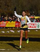 11 December 2022; Konstanze Klosterhalfen of Germany of Germany celebrates after finishing second in the senior women's 8000m during the SPAR European Cross Country Championships at Piemonte-La Mandria Park in Turin, Italy. Photo by Sam Barnes/Sportsfile