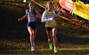11 December 2022; Konstanze Klosterhalfen of Germany, right, and Karoline Bjerkeli Grøvdal of Norway competing in the senior women's 8000m during the SPAR European Cross Country Championships at Piemonte-La Mandria Park in Turin, Italy. Photo by Sam Barnes/Sportsfile