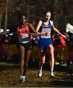 11 December 2022; Yasemin Can of Turkey, left, and Karoline Bjerkeli Grøvdal of Norway competing in the senior women's 8000m during the SPAR European Cross Country Championships at Piemonte-La Mandria Park in Turin, Italy. Photo by Sam Barnes/Sportsfile