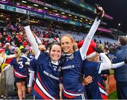 10 December 2022; Nicola Ward, left, and Olivia Divilly of Kilkerrin-Clonberne celebrate following their side's victory in the 2022 currentaccount.ie LGFA All-Ireland Senior Club Football Championship Final match between Donaghmoyne of Monaghan, and Kilkerrin-Clonberne of Galway at Croke Park in Dublin. Photo by Tyler Miller/Sportsfile