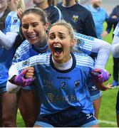 10 December 2022; Emily Reilly, left, and Laura Kenny of Longford Slashers celebrate after their side's victory in the 2022 currentaccount.ie LGFA All-Ireland Intermediate Club Football Championship Final match between Longford Slashers of Longford and Mullinahone of Tipperary at Croke Park in Dublin. Photo by Tyler Miller/Sportsfile