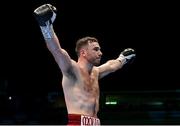 10 December 2022; Kieran Molloy celebrates after defeating Alexander Zeledon during their super-welterweight bout at the SSE Arena in Belfast. Photo by Ramsey Cardy/Sportsfile