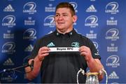 14 December 2022; Leinster player Tadhg Furlong draws Boyne RFC in the Tom Darcy Cup draw during the Leinster Rugby Clubs / Schools Draw at Leinster HQ in Dublin. Photo by Ben McShane/Sportsfile