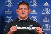 14 December 2022; Leinster player Tadhg Furlong draws Dundalk RFC in the Tom Darcy Cup draw during the Leinster Rugby Clubs / Schools Draw at Leinster HQ in Dublin. Photo by Ben McShane/Sportsfile