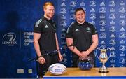 14 December 2022; Leinster players Ciarán Frawley, left, and Tadhg Furlong before the Tom Darcy Cup draw during the Leinster Rugby Clubs / Schools Draw at Leinster HQ in Dublin. Photo by Ben McShane/Sportsfile